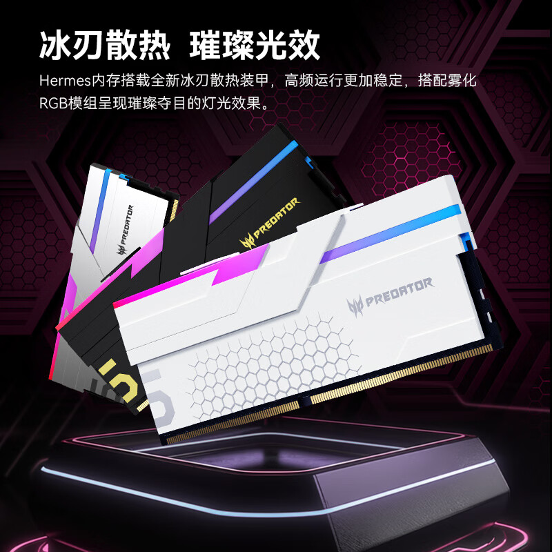 宏碁掠夺者(PREDATOR)48G(24G×2)套装 DDR5 6400频率 台式机内存条 Hermes冰刃系列 RGB灯条(C32) 白色 AI电脑存储配件