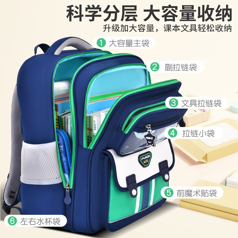 智多宝书包小学生儿童书包护脊减负减压1-3-6年级女生男孩男童双肩包 大号宝蓝色(送挂饰+手表+人偶)