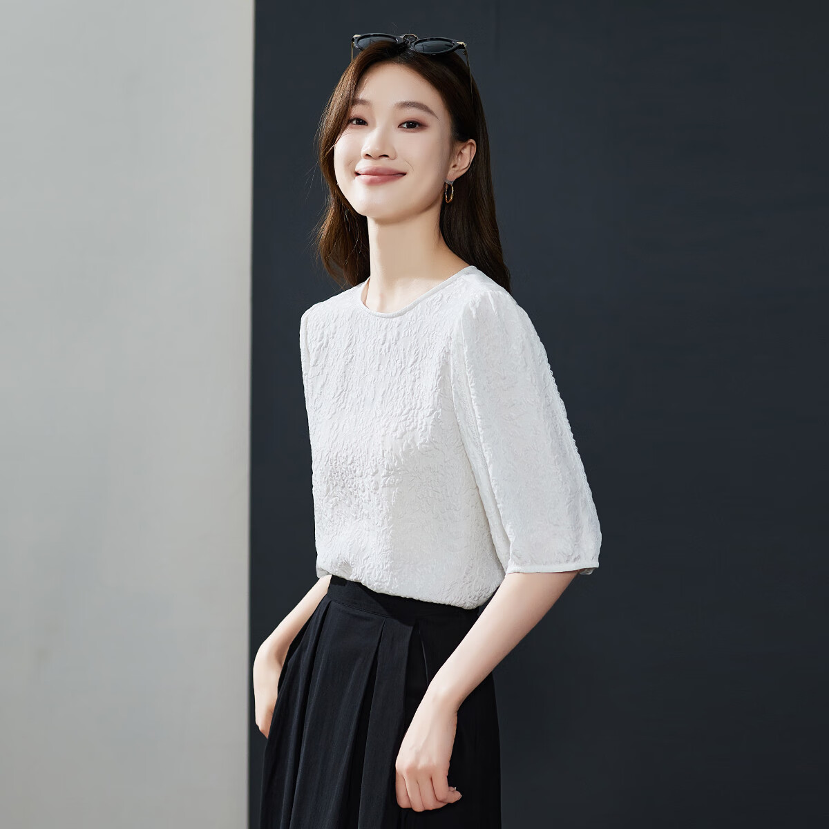 索菲丝尔【100%桑蚕丝】肌理感短袖衬衫女2024夏季气质真丝上衣 白色 XL