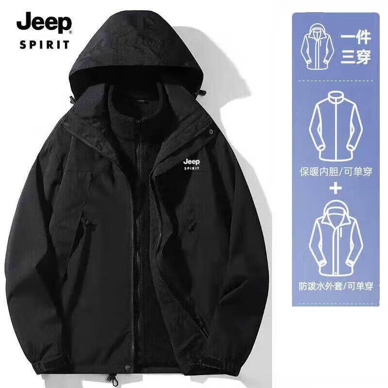 JEEP SPIRIT 吉普 冲锋夹克男女情侣款秋冬季外套户外防风防水保暖冲锋外套 男女同码/黑色 XL