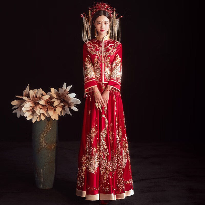 彼岸鸟贴花孔雀24年新款结婚礼服中式嫁衣凤冠霞帔秀禾女秀和服夏季