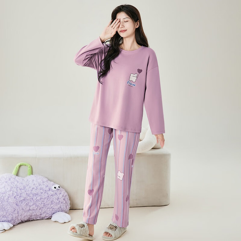 芬腾【纯棉爱心萌熊】冬圆领卡通可外穿长袖女士家居服睡衣套装女 紫色 L