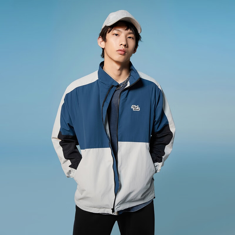 黑鲸（HLAJEANS）海澜之家旗下撞色拼接立领夹克男春季时尚复古校园风外套男 蓝灰镶拼02 175/92A