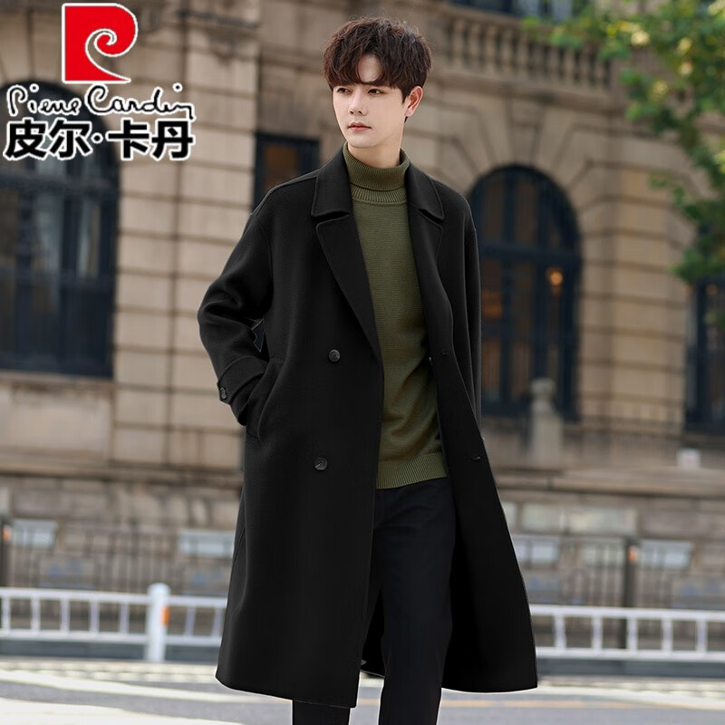 皮尔卡丹(pierre cardin)纯羊毛呢子大衣男士冬季韩系中长款高端过膝风衣双面羊毛加厚外套 灰绿棕色 100%绵羊毛 M 135-160斤