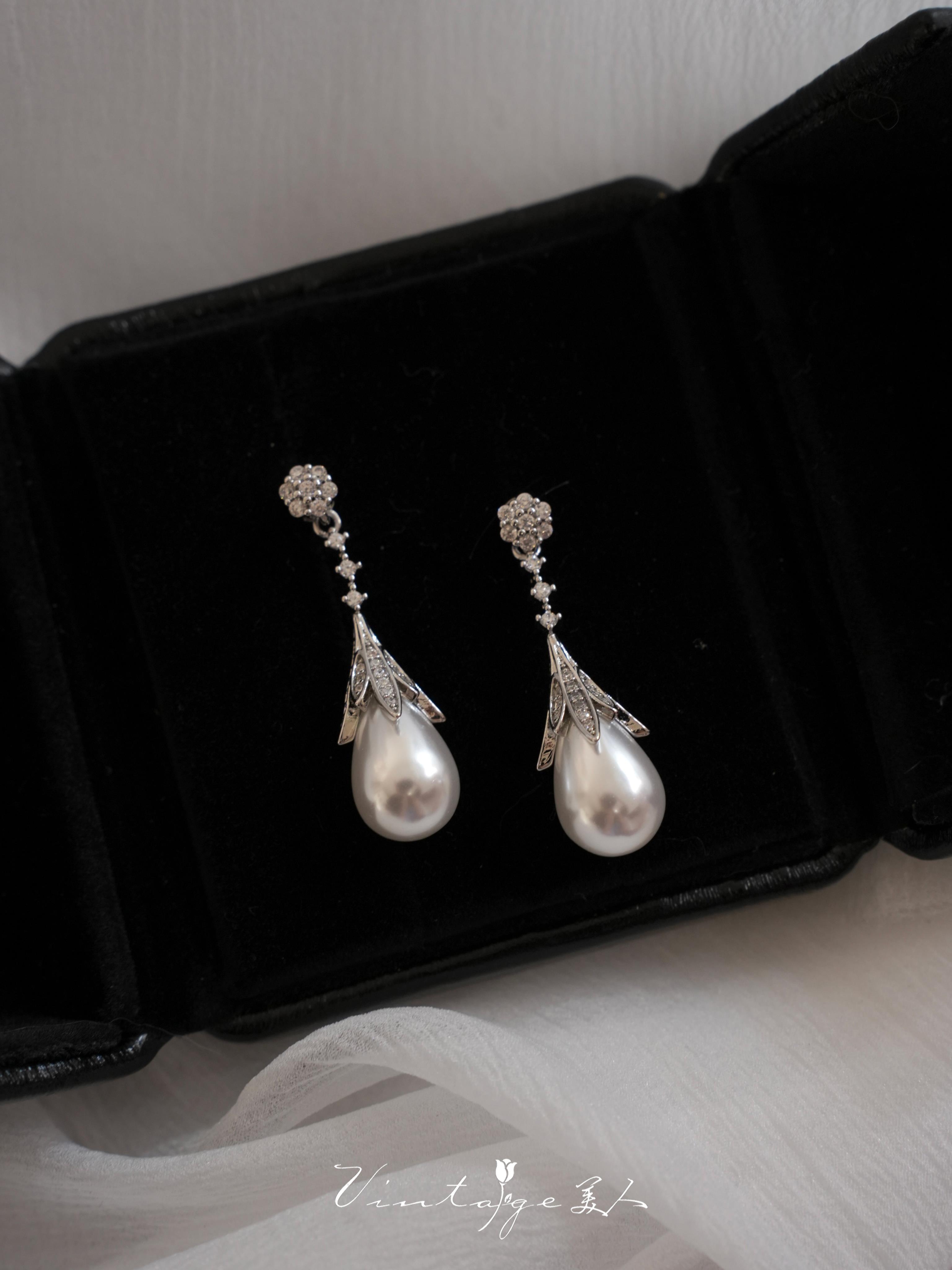 法式复古珍珠耳环女新款水滴耳钉轻奢小众高级感气 戴安娜水滴耳夹