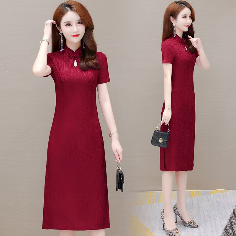 度凡尼斯新中式裙喜妈妈礼服显年轻气质红色旗袍新款女高端妈妈五一喜