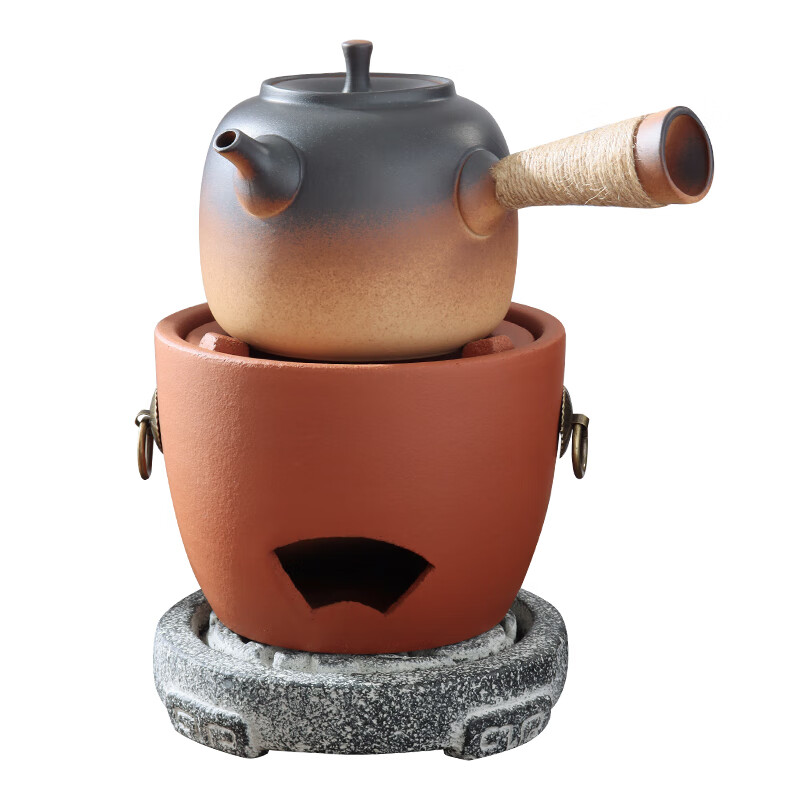 棉小城潮汕红泥炭炉户外煮茶炉粗陶侧把烧水壶围炉煮茶老式风炉复古手工 红泥雅扇炭炉+富贵绑绳壶+四件套