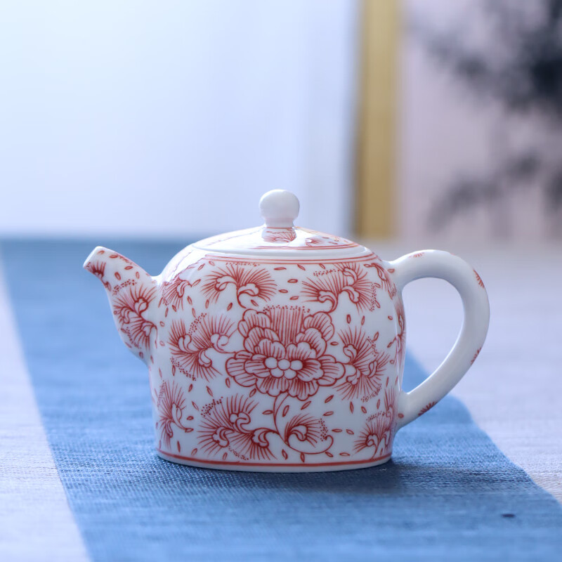 民间艺人景德镇陶瓷手绘茶壶  釉下彩釉里红牡丹功夫茶具大红袍泡茶器