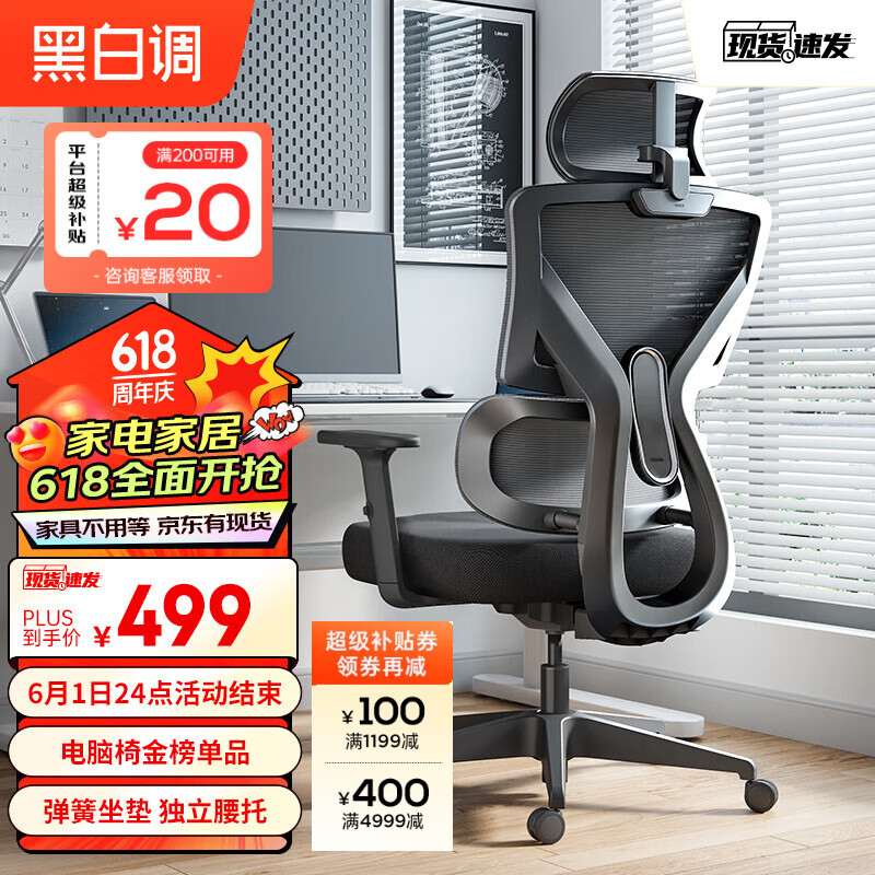 黑白调P5双背款 人体工学椅电脑椅子办公椅学习人工力学椅电竞椅标准