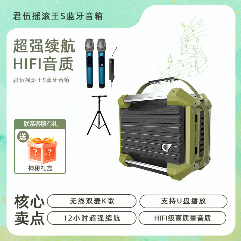 DREAMWAVE君伍蓝牙音响 摇滚王S家用户外广场舞演出支持电吉他电吹管乐器长续航无线k歌高品质音箱 军绿色【音箱+双麦麦克风+托盘】