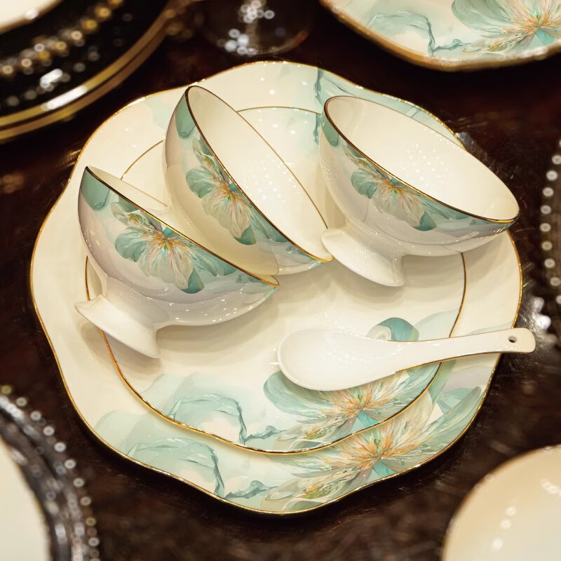 宅美品中式轻奢餐具碗碟套装家用釉下彩乔迁之喜骨瓷碗筷景德镇陶