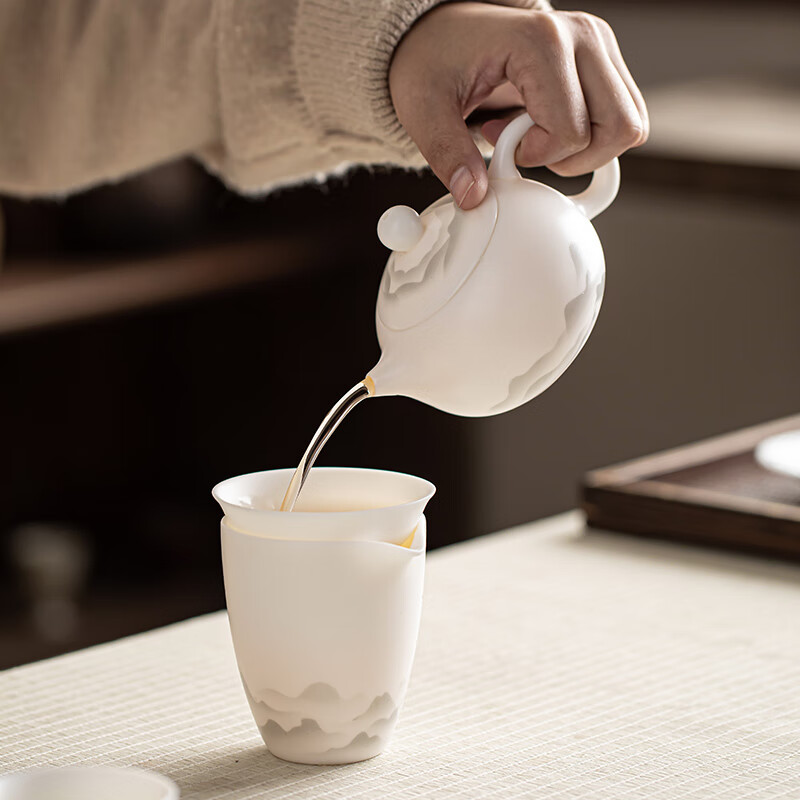 金镶玉温文杰老师手作 功夫茶具套装素烧羊脂玉瓷家用陶瓷送礼礼盒装 温文杰水墨远山羊脂玉瓷套装