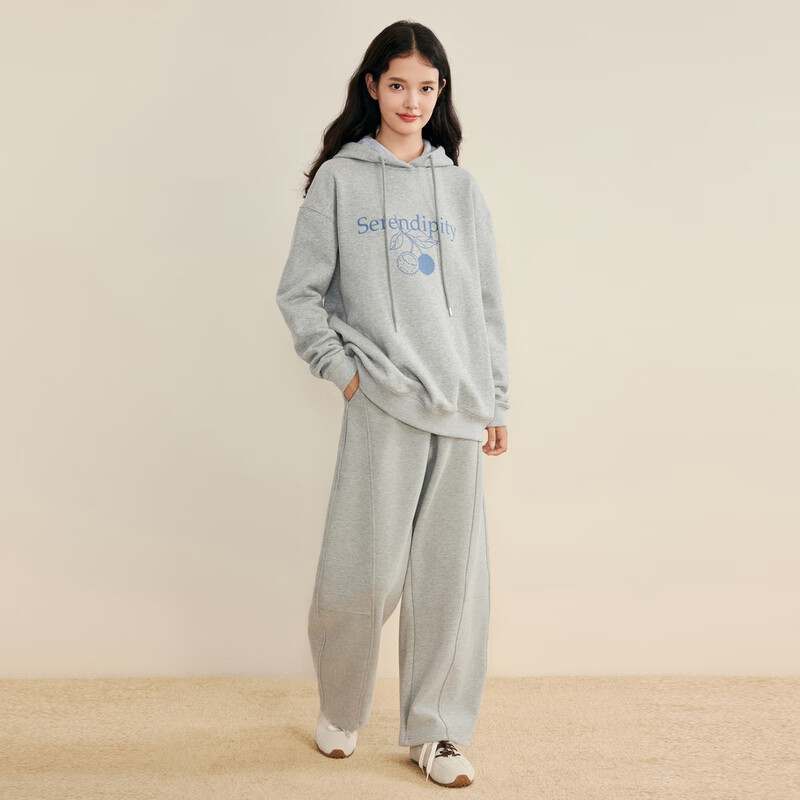 乐町韩系连帽基础卫衣草简约基础莓字母印花宽松上衣 香槟灰（现货） L