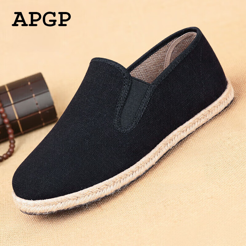 apgp品牌老北京布鞋男秋季黑色千层底手工布鞋一脚蹬懒人爸爸休闲男鞋