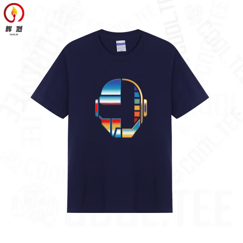 辉烈daft punk 纯棉短袖T恤圆领蠢傻朋克电子乐队DJ周边宽松头盔衣服 深蓝色 S