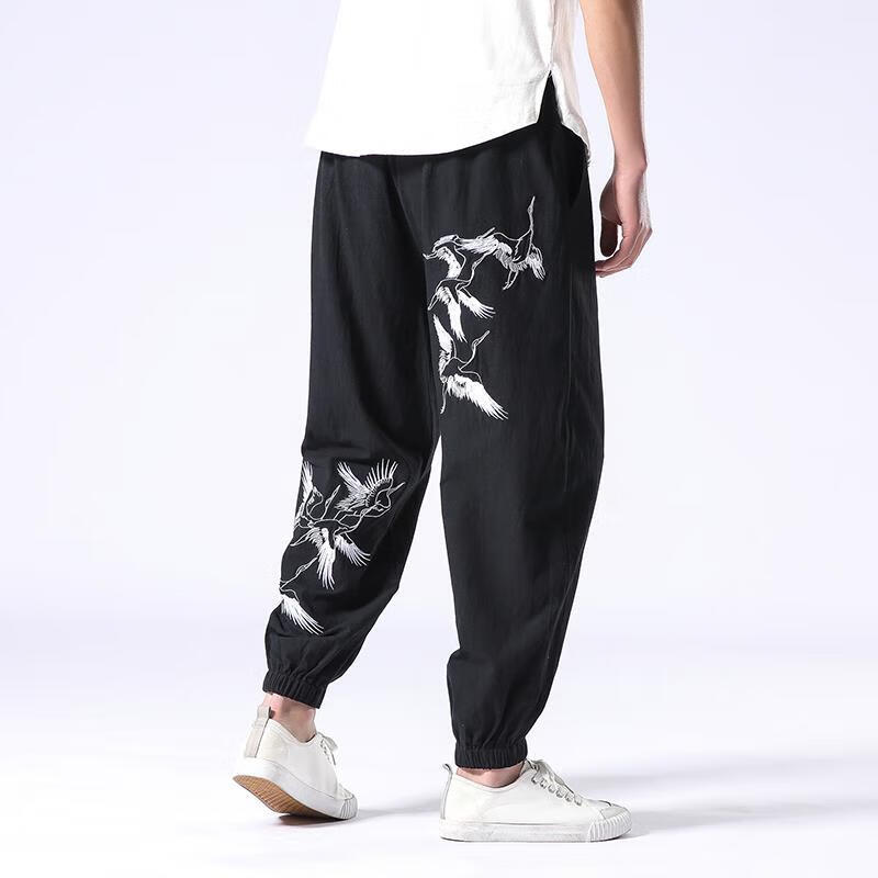 紧腿裤男胖子肥佬穿中国装宽松亚麻裤子男胖子大码棉 黑色 m95120斤