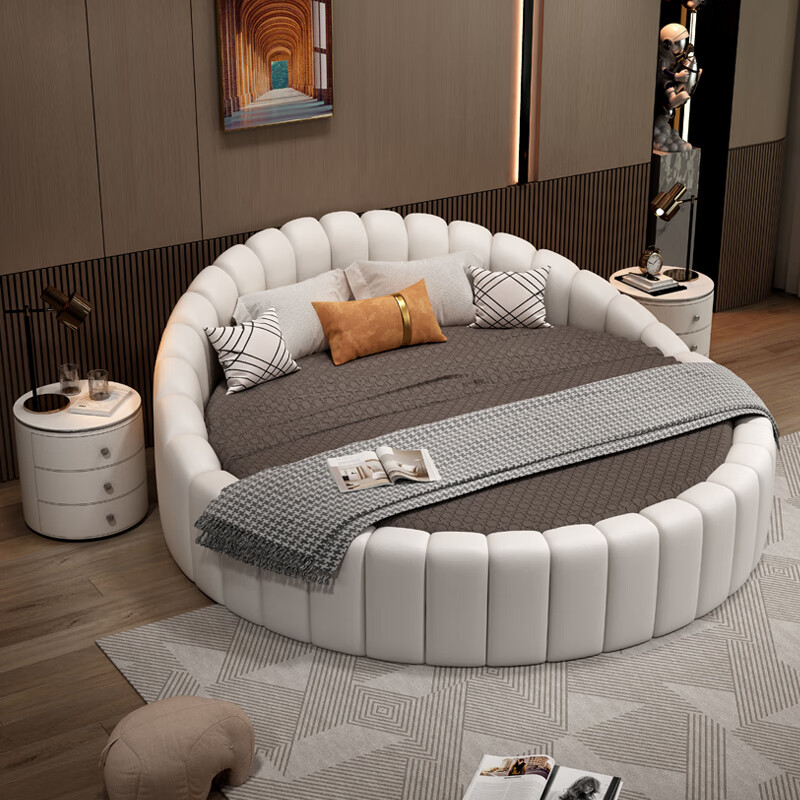 床双人床米米主卧床圆床双人床现代简约圆形床真皮公主床大小 2米圆床单床 颜色备注