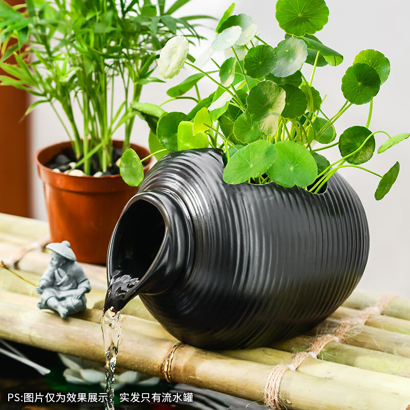 共度（Gong Du）循環(huán)流水陶瓷罐古法養(yǎng)魚中式擺件水培陽臺(tái)創(chuàng)意生態(tài)大魚缸過濾造景 招財(cái)黑流水瓦罐【送水管不含水泵】 小號(hào)17*14*14cm