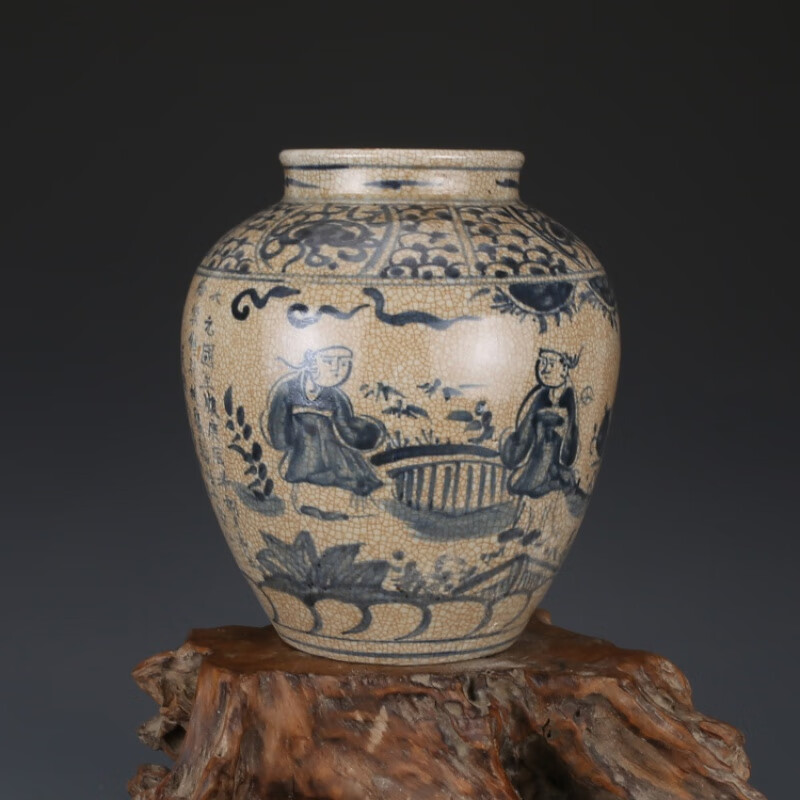 仿古瓷器老物件元青花人物纹罐古董真品古玩收藏包老摆件