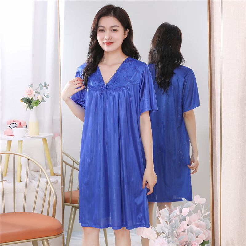 岱铭轩睡裙女夏季冰丝性感睡衣女士夏天短袖仿真丝绸凉感花边v领家居
