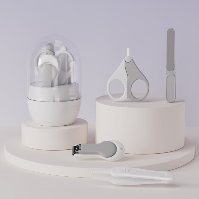 婴儿指甲剪套装 新生儿宝宝 指甲刀 儿童指甲锉 剪刀防夹肉指甲钳 白蓝色透明罐指甲剪+白绿小鸭仔