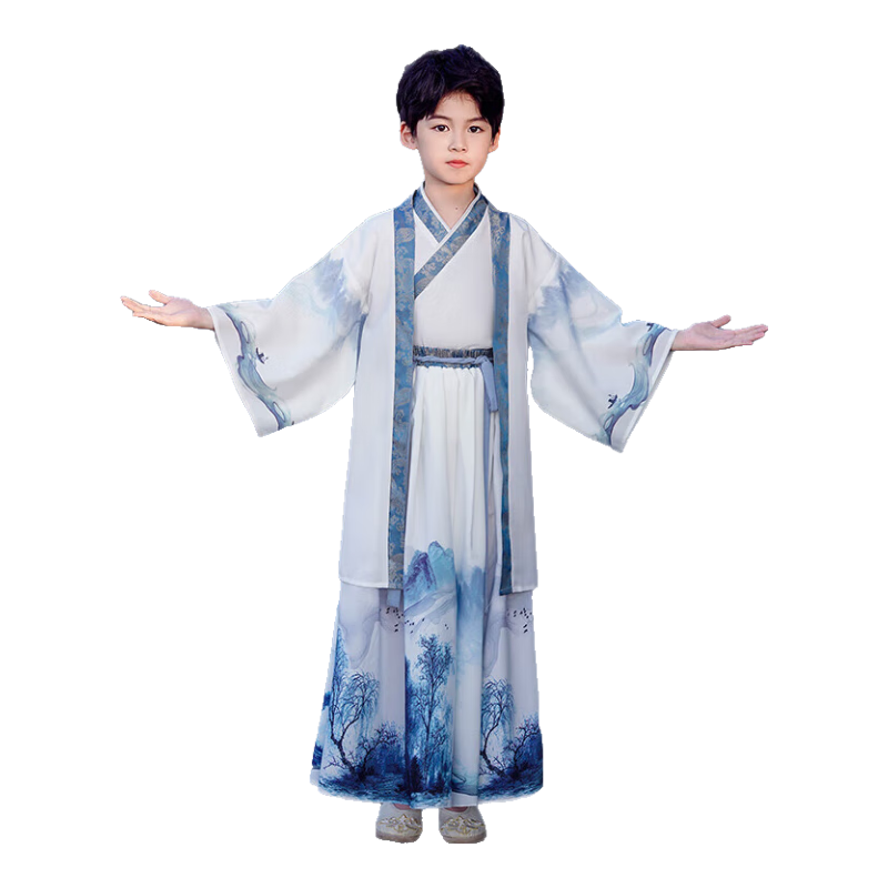 安妮優(yōu)兒男童漢服中國風(fēng)少爺公子秋裝兒童古裝帥氣學(xué)生國學(xué)服 灰色 150