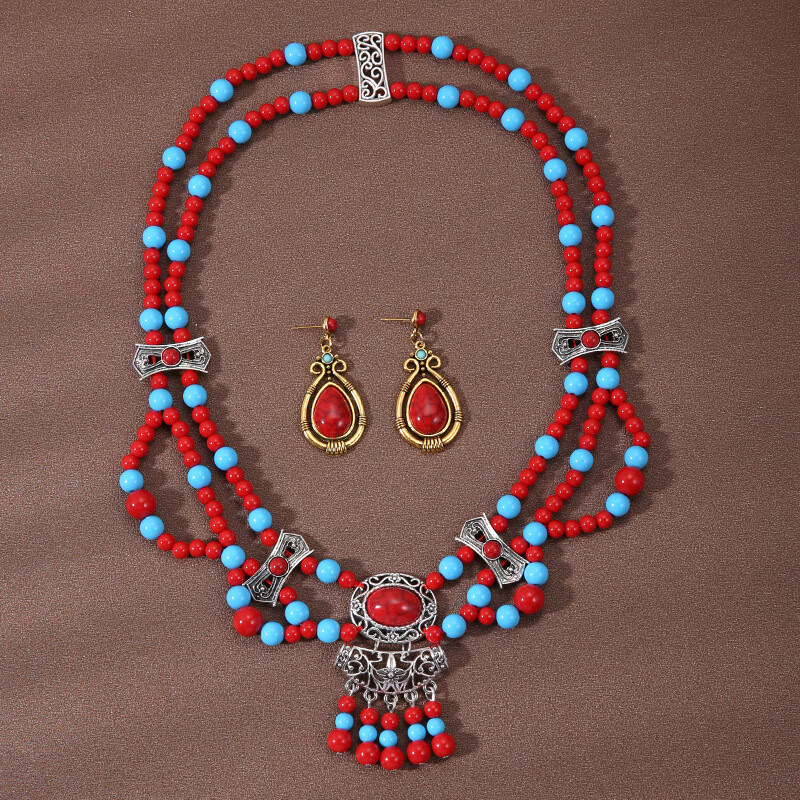 芠拉藏式復(fù)古民族風(fēng)額飾異域風(fēng)情額頭鏈眉心墜西藏族拍照波西米亞頭飾 藏式紅藍(lán)多層額頭飾-耳環(huán)套裝