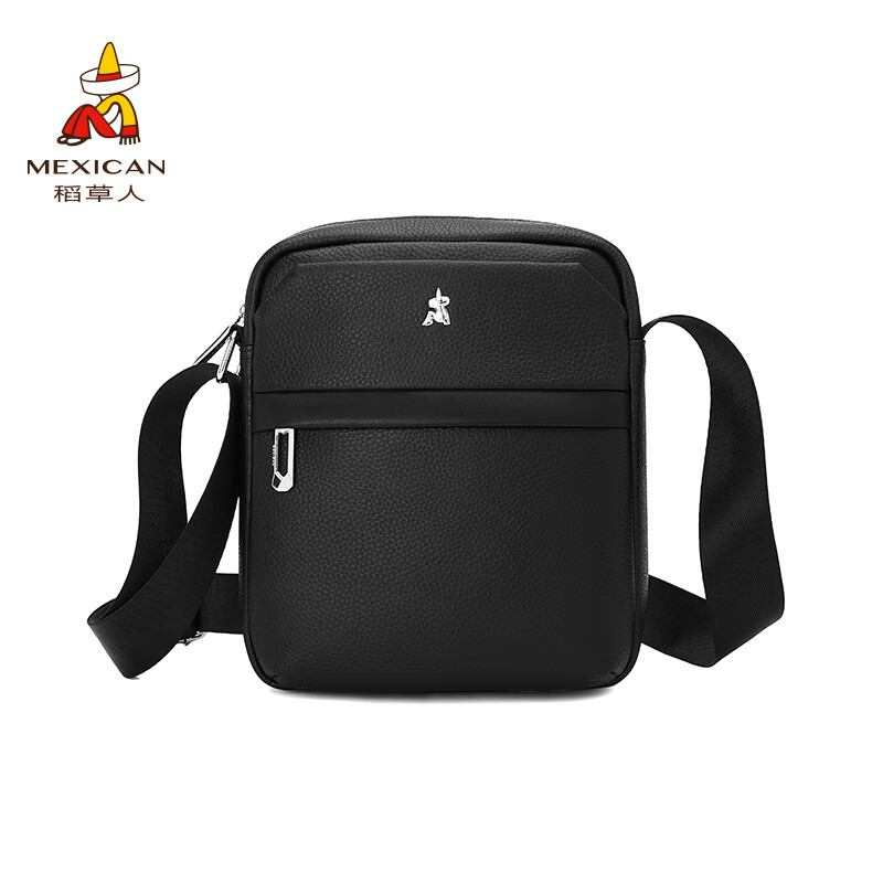 稻草人斜挎包男士质感感皮背包休闲百搭轻便小包通勤单肩包 黑色