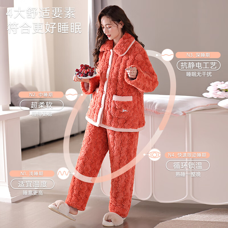 猫人长毛绒情侣拉链连帽夹棉睡衣秋冬加绒加厚三层夹棉过冬神器套装 QRV-61035-兔毛绒 M