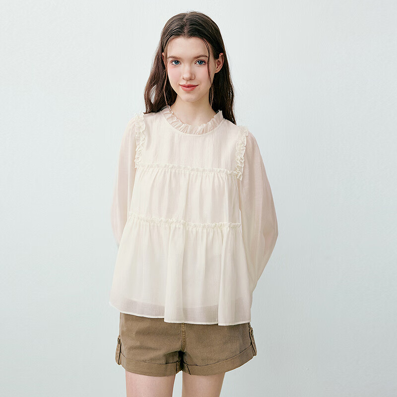 乐町甜美少女感小A摆设计雪纺衫夏季新款米黄内搭打底上衣 米黄（现货） S