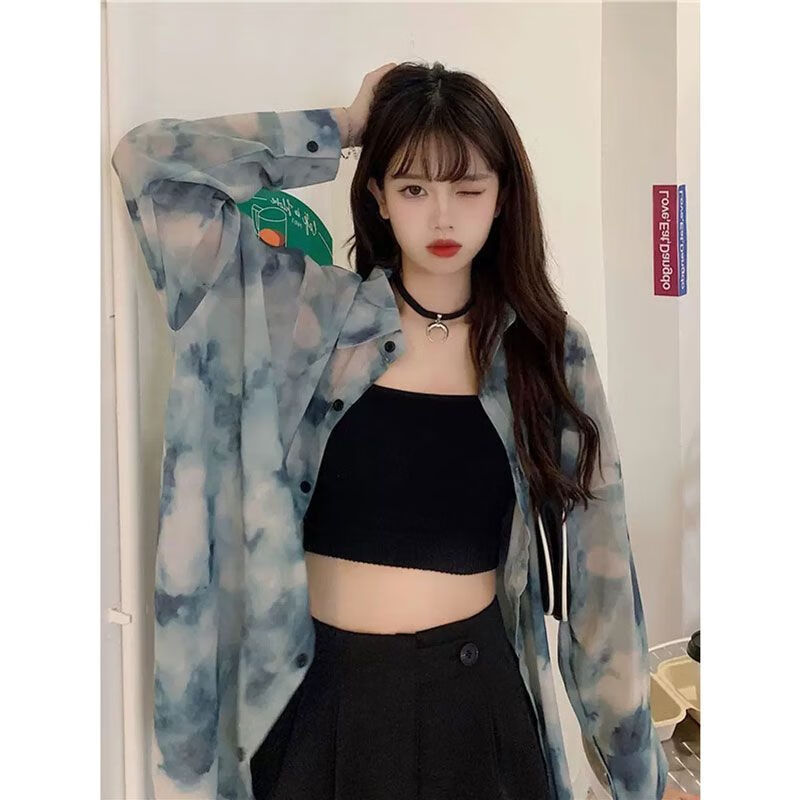 泉麟广东普宁衬衫女秋冬款复古扎染长袖夏季chic港风宽松百搭薄款 h27