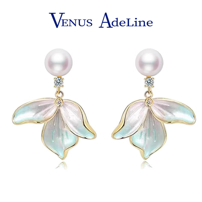VENUS ADELINE春天耳环淡水珍珠耳钉花朵耳饰圆脸耳坠女生女友高级感母亲节礼物 送老婆妈妈闺蜜生日礼物 银针首饰实用浪漫纪念日礼盒