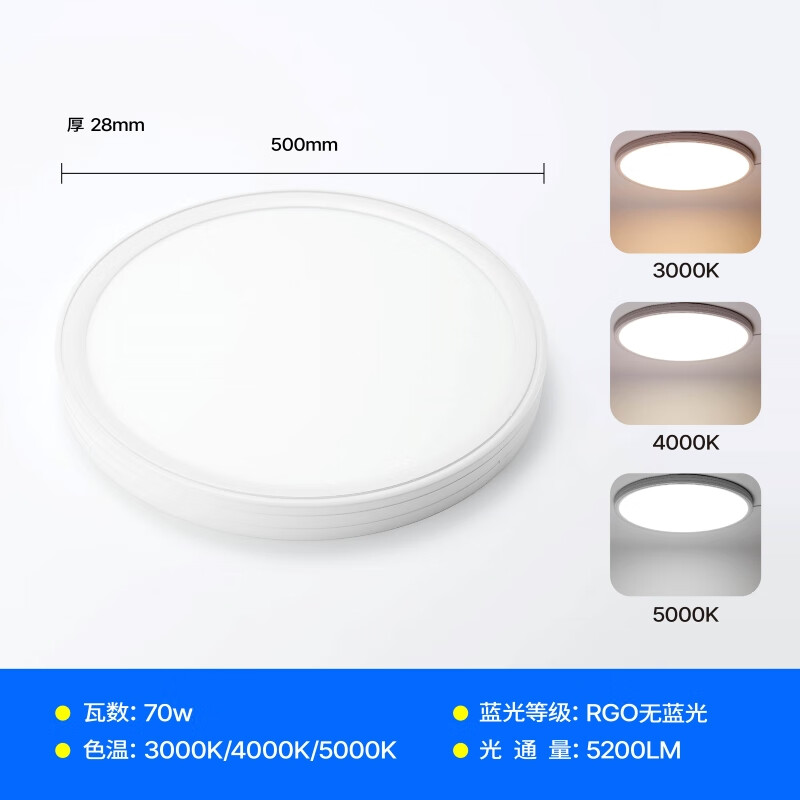LIGHTPOOL 全光谱吸顶灯 客厅儿童书房 卧室 rg0低蓝光防频闪led护眼吸顶灯 70W 24㎡内适用 5200lm 超薄三色侧发光
