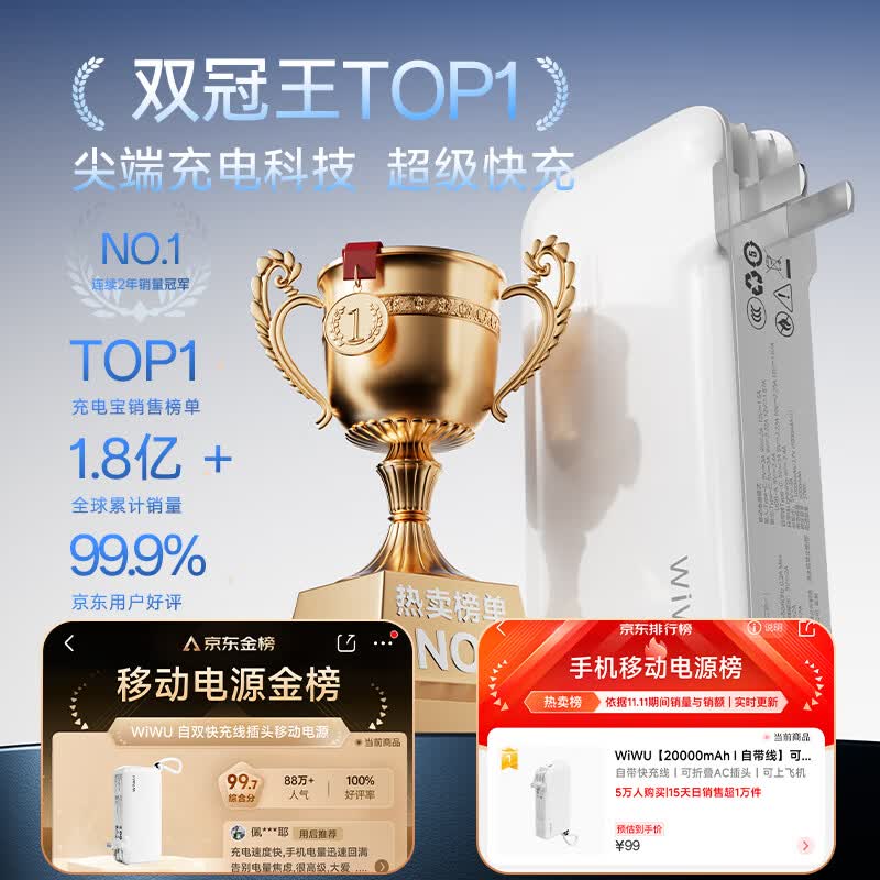 WiWU【3C认证丨可上飞机】充电宝20000毫安带插头快充大容量自带线三合一小便携移动电源可充苹果华为 极光白【自带插头+快充双线】 10000mAh