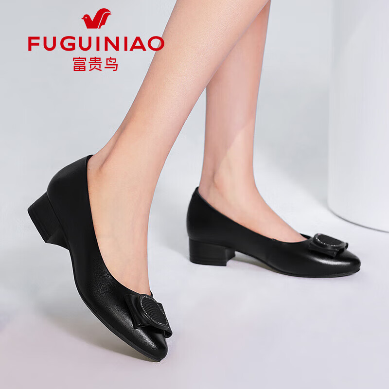 富贵鸟(fuguiniao)头层牛皮单鞋女春季新款单鞋女软皮乐福鞋粗跟套脚