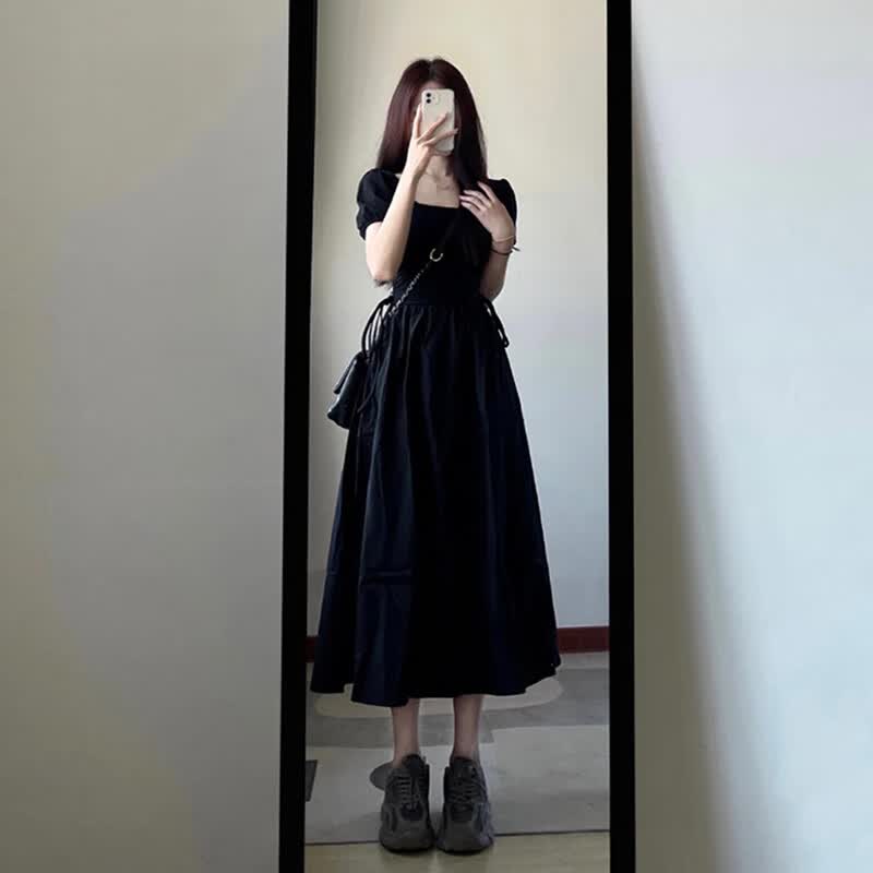 GARNUO法式方领赫本风黑色连衣裙女夏季小个子高级感裙子收腰小黑裙长裙 黑色 M 【106-120斤】