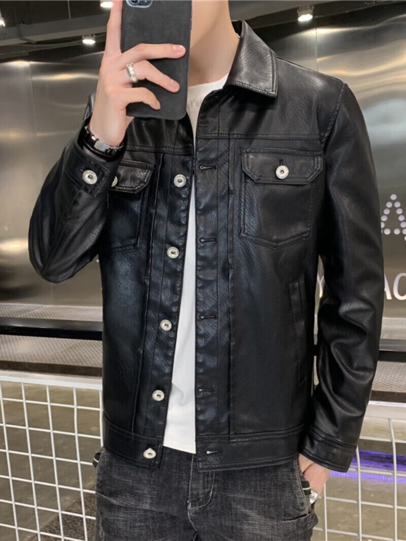 翻领真皮皮衣男潮秋冬机车服大码外套海宁软绵羊皮草刺绣二战夹克 黑色 2XL
