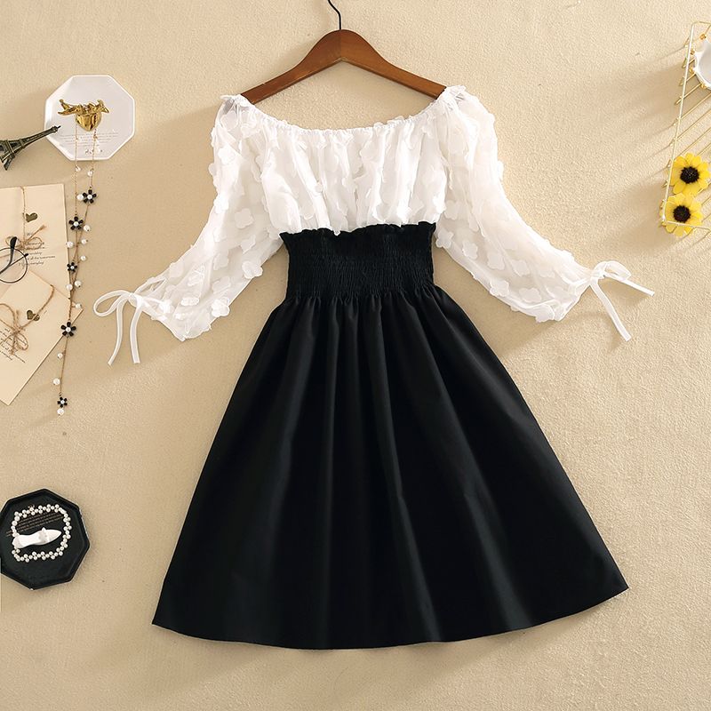 hiwish少女甜美公主风露肩裙一字肩2024夏季穿搭新款裙子收腰显瘦圆领