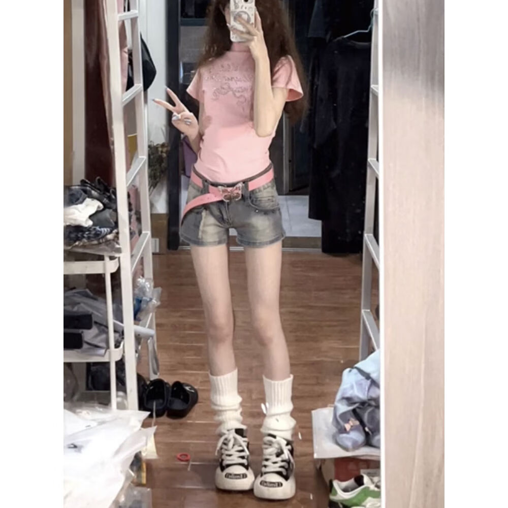丙倫超短褲露臀復(fù)古高街美式低腰牛仔短褲女夏季新款小個(gè)子顯瘦超短褲 水洗藍(lán)【高品質(zhì)】現(xiàn)貨 S