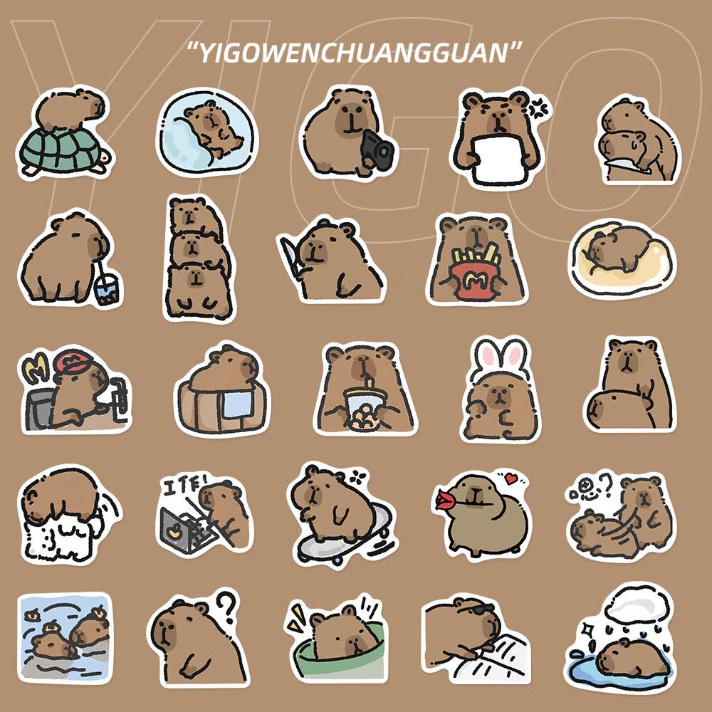 幸福芸62张可爱卡通小水豚贴纸卡皮巴拉手账手机壳ipad水杯装饰diy