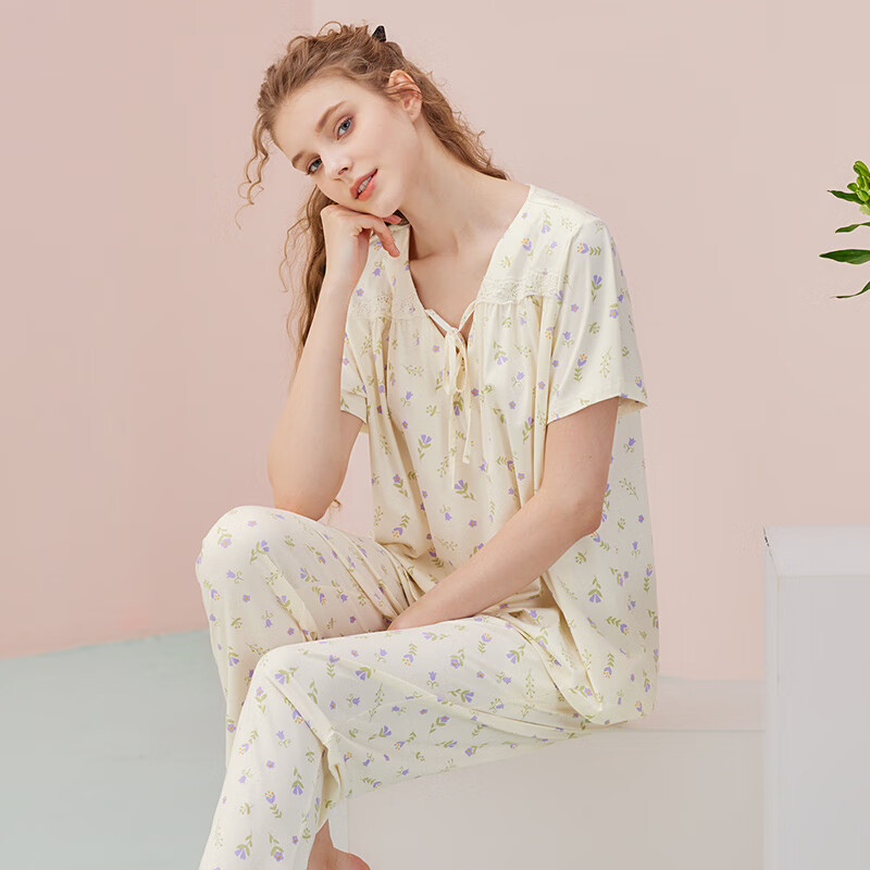 玛伦萨短袖睡衣女纯棉夏季新款V领小碎花宽松家居服长裤薄款套装 紫花 M