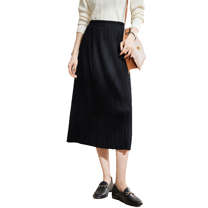 品彩（PinCai）半身裙女黑色職業(yè)通勤中長裙高腰百搭顯瘦A字裙P143B2001