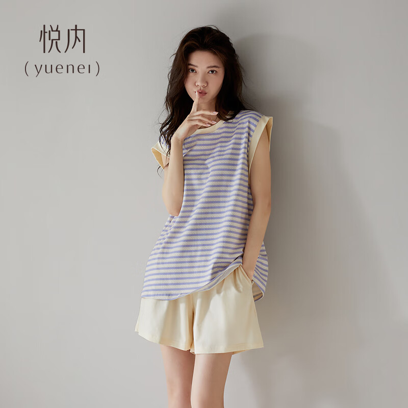 悦内带胸垫一体睡衣女款夏季无袖背心短裤纯棉家居服夏款条纹休闲套装 B23244风信蓝【带胸垫】 XL (170) 【体重120-140斤】