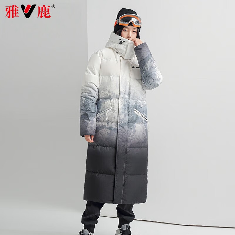 雅鹿新款羽绒服情侣装加厚连帽保暖鸭绒长款时尚外套潮YZ 渐变花色女款 S 165 推荐90-125斤