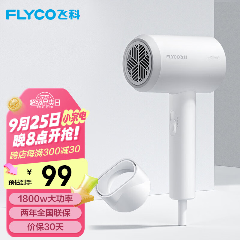 飞科 FLYCO 电吹风机宿舍用 柔风负离子恒温护发 家用冷热大风量快速干发吹风筒FH6290 1800W