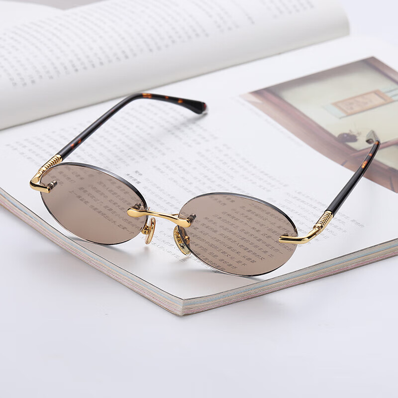 石头眼镜东海老石头镜茶色太阳镜无框鸡蛋圆高档墨镜清凉 浅茶色镜片