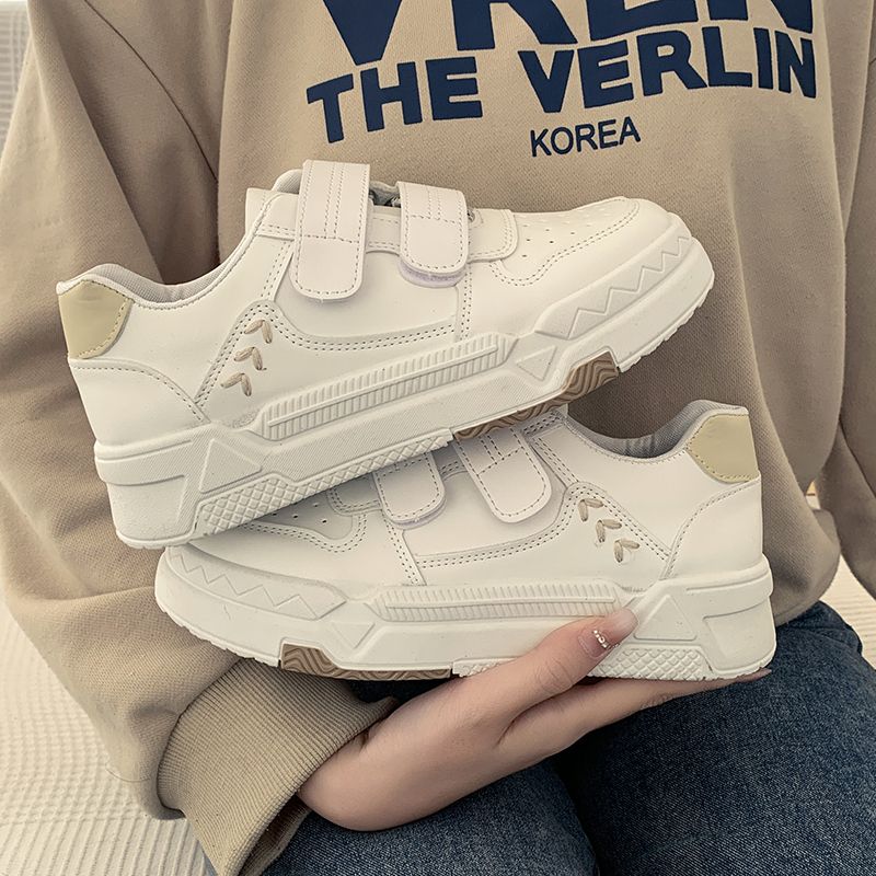 透气韩版学生白鞋子平底休闲板鞋魔术贴小白鞋女 米白色 35 标准尺码