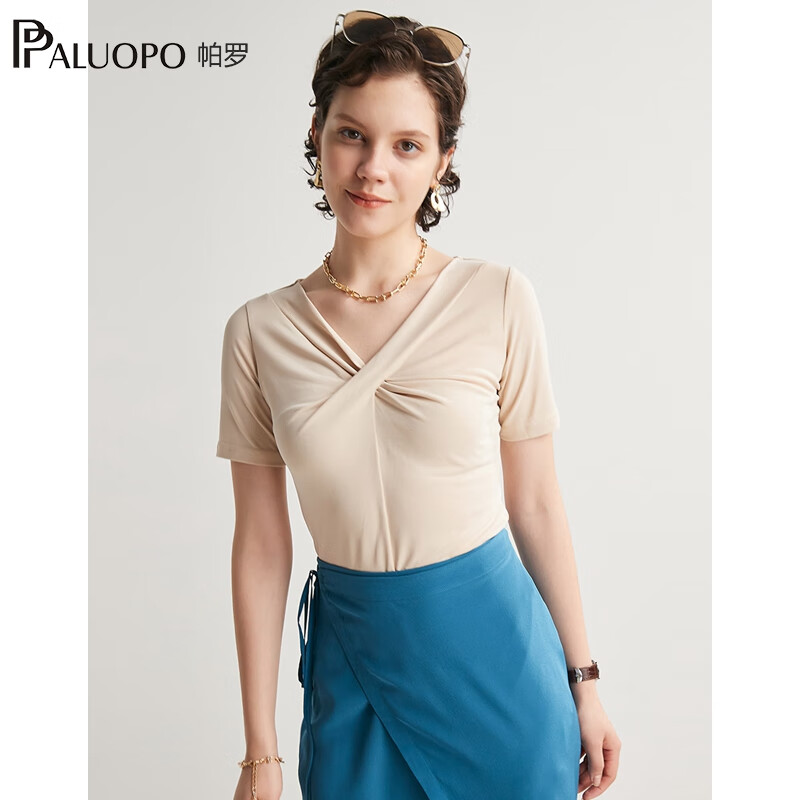 帕罗（PALUOPO）纯色莫代尔v领短袖t恤女交叠领打底衫夏季新款上装性感半袖衣服 米色 M (160/84A)