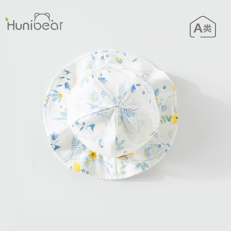 欢喜小熊 婴儿夏季渔夫帽女宝宝薄款遮阳帽幼儿夏天帽子宽檐太阳帽 天空蓝 M(44-47cm)