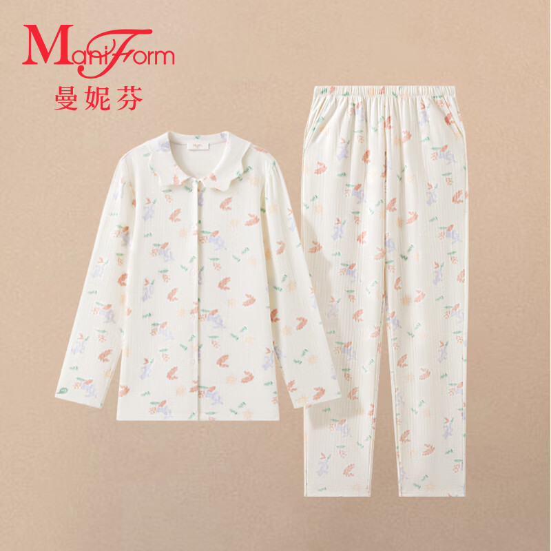 曼妮芬女士秋冬睡衣睡裤家居服翻领开襟长袖长裤套装舒适起居服 990混合色 2XL 175